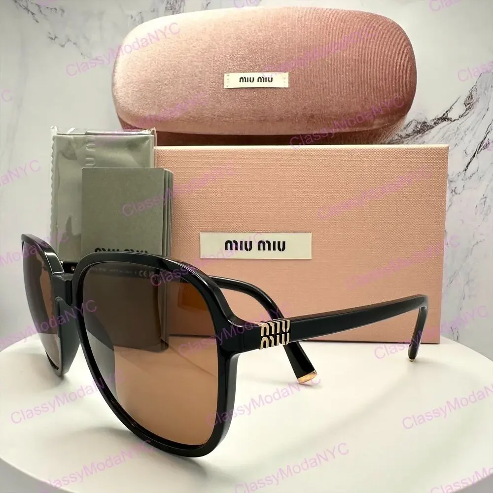 New MIU MIU Sunglasses MU B01S 16K90Q Black Brown Lens Oversized Pillow Square